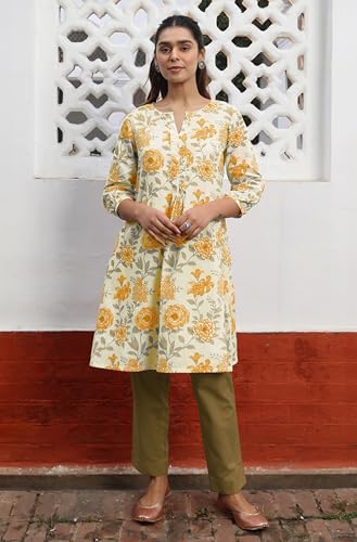 Image of Janasya Women's Pure Cotton Floral Printed A-Line Tunic