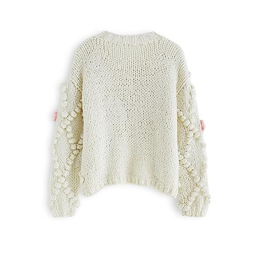 Image of CHICWISH Women's Cream Button Up Floral Pom-Pom Knit Cardigan