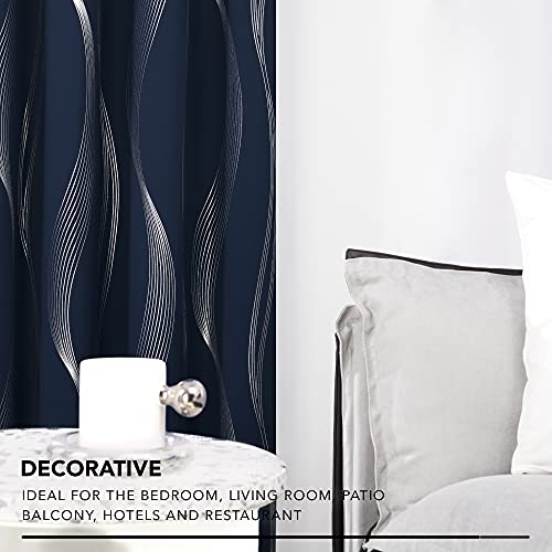 Deconovo Thermal Insulated 84 Inch Blackout Curtains 2 Panel Set For Bedroom, With Silver Print Wave Striped Pattern- Black Out Light Blocking Panels For Living Room- Navy Blue, 52W X 84L Inch #TOP3