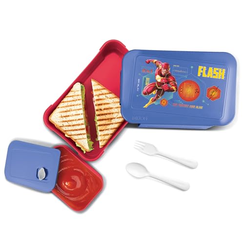 Image of MILTON Berry Tiffin Lunch Box for Kids Boys & Girls with Leak-Proof Inner Container| Food Grade,BPA Free,Compact & Durable Snacks Box for Kids I Plastic Spoon & Fork, 850 ml, Flash Print, Blue