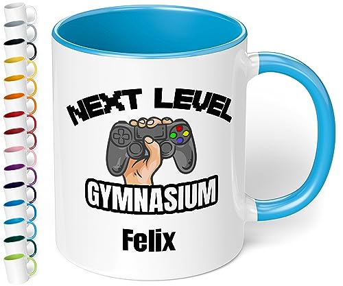 True Statements Geschenk Gymnasium für Jungen & Mädchen zum Schulwechsel 5. Klasse: Keramik-Tasse mit Namen „Next Level Gymnasium“ – Übertritt Grundschule Gymnasium Geschenk (Hellblau)