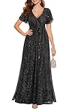 Pinup Fashion Black Formal Dresses for Women Evening Gowns Gala Prom Long Wedding Guest Elegant Sequin Sparkly Maxi Dress with Sleeves