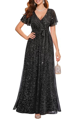 Pinup Fashion Black Formal Dresses for Women Evening Gowns Gala Prom Long Wedding Guest Elegant Sequin Sparkly Maxi Dress with Sleeves