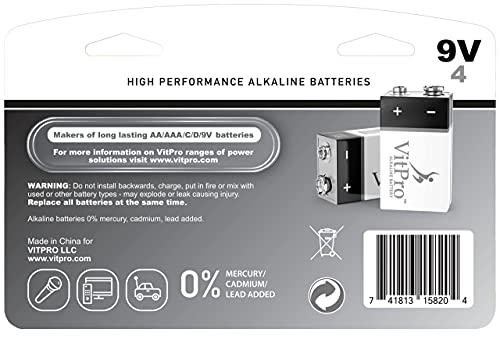 Vitpro 9V Batteries | High Performance All-Purpose Alkaline Batteries | 5-Year Shelf Life | Easy To Open Value Pack | 4 Pack #TOP4