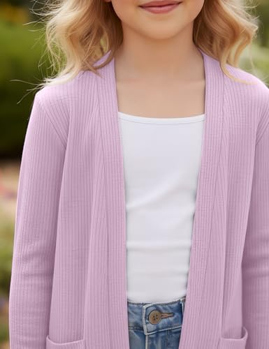 Image of Girls Open Front Cardigan Casual Lightweight Long Sleeve Ribbed Knit Sweater Soft Outerwear Coat with Pockets