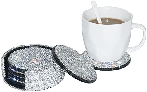 Coasters for Drinks Coffee Tea Cup Pads Table Mat with Coaster Holder for Home,Office,Kitchen,Bar,Bling Crystal Luxury Handmade Diamond (Set of 6) (White&AB Color)