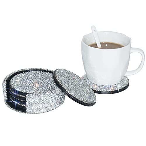 Coasters For Drinks Coffee Tea Cup Pads Table Mat With Coaster Holder For Home,Office,Kitchen,Bar,Bling Crystal Luxury Handmade Diamond (Set Of 6) (White&Ab Color) #TOP1
