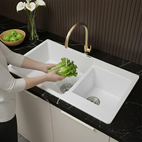 Image of ARQUIN Double Bowl Quartz Kitchen Sink 34x20x9 Inch White | Durable & Scratch-Resistant Sink | Undermount,Topmount | Including Coupling,Sink Connector,Waste Pipe & Fruit Washing Basket