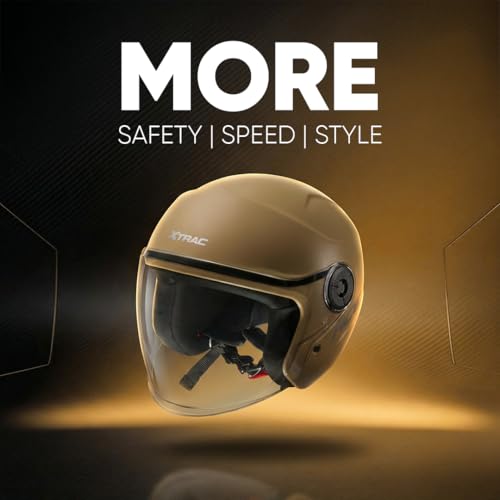 Image of Xtrac Ace ISI Certified Open Face Helmet for Men & Women | Half Face Bike Helmet with Scratch-Resistant Clear Visor | Lightweight ABS Shell | Quick Release Buckle | Dark Brown - L