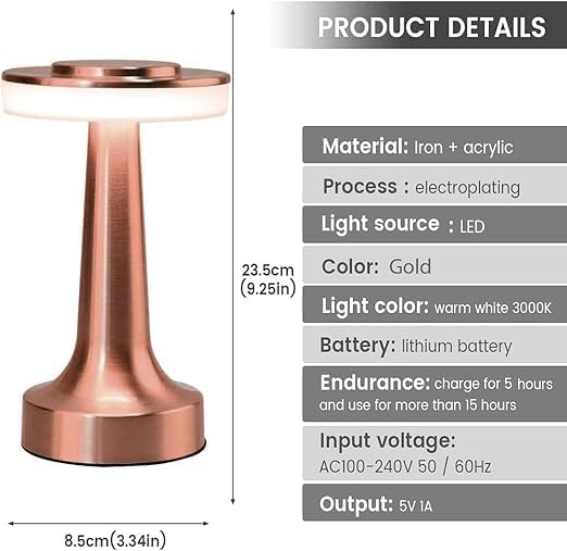 Image of One94Store Rechargeable LED Table Lamp with Touch Control, 3-Level Brightness, Retro Rose Gold Metal Design, Perfect for Bedside, Nursery, Home & Cafe Decor