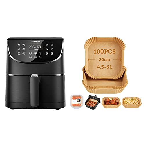 COSORI Friggitrice Ad Aria 5,5 Litri Con Carta Forno 100 Pezzi, Teglie Per Air Fryer 4.5-6L Quadrati