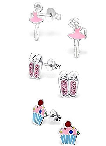 ICYROSE 925 Sterling Silver Set of 3 Pairs Ballerina, Pink Crystal Ballet Slippers, Cupcake Stud Earrings (Nickel Free)