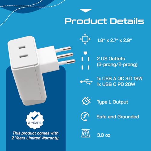 Image of Ceptics Italy Travel Adapter, QC 3.0 & PD, Safe Dual USB & USB-C - 2 USA Socket Compact & Powerful - Use in Uruguay, Libya, Syria, Tunisia, Chile - Type L AP-12 - Fast Charging (AP-12A)