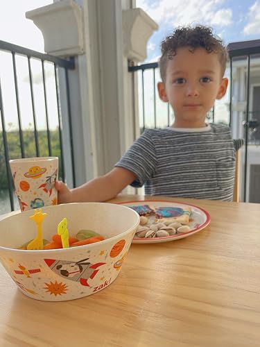 Image of Zak Designs Kids Dinnerware Set 3 Pieces, Durable and Sustainable Melamine Bamboo Plate, Bowl, and Tumbler are Perfect For Dinner Time With Family (Spaceships)