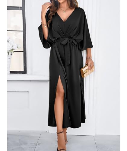 Image of SEMATOMALA Women's Satin Batwing Sleeve Cocktail Evening A Line Long Dress V Neck Ruched Loose Maxi Dress