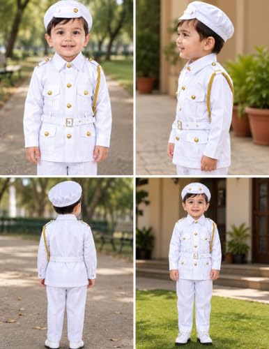 Image of BookMyCostume Premium Fabric Navy Dress for Kids Professionals & Community Helpers Costume with Shirt, Pants, Cap & Whistle | Navy Officer & Captain Outfit for Fancy Dress & School Events 4-5 Years