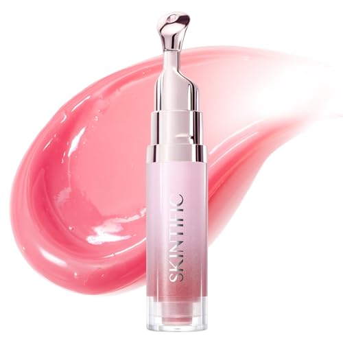 SKINTIFIC Peptide Brightening Lip Serum Hydrating & Plumping Tinted Lip Gloss Moisturizing Lip Balm with Polypeptides & Squalane for Glossy Sheer Smooth Lips(01U Baby Pink-Update)