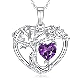 LOCIBLO Tree of Life Necklaces for Women 925 Sterling Silver Heart Pendant White Gold Purple Synthetic Amethyst Necklace February Birthstone Jewellery for Her, 18'+2'