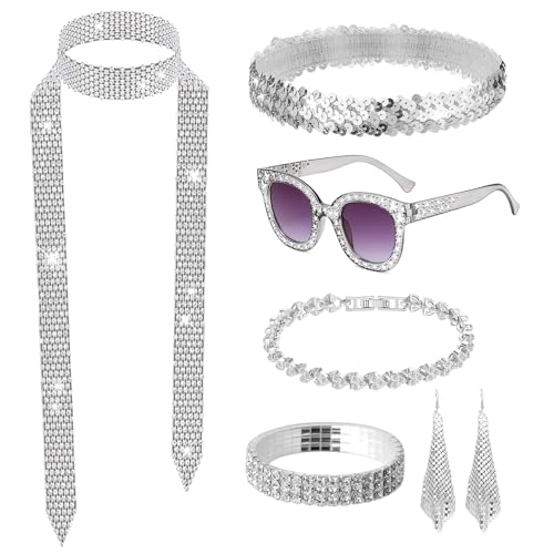 7 accesorios de discoteca de los años 70 y 80, accesorios para mujer, incluye diadema plateada, pendientes, pulsera de corazón, gafas, bufanda, adecuado para fiestas de carnaval