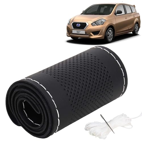 Image of KINGSWAY PU Leatherite Car Steering Cover Sewable Compatible with Datsun Go Plus (Year 2014 Onwards), Black Color with Silver Thread, Pack of 1 with Sewing Needle and Thread