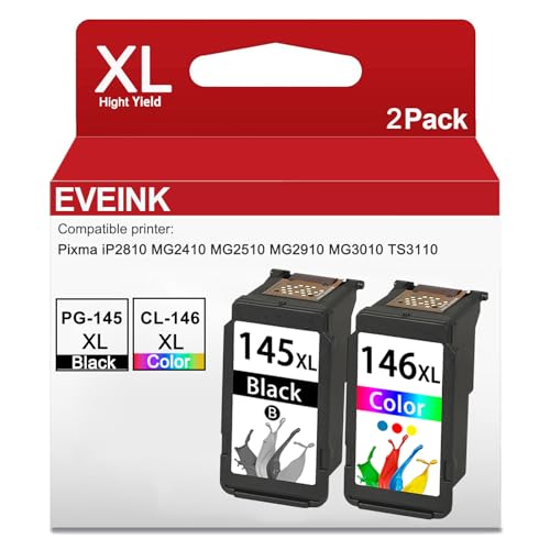 High Yield 145XL 146XL Ink Cartridges Replacement for Canon PG-145XL CL-146XL PG 145 146 Ink Cartridges Works for Pixma MG2510 TS3110 IP2810 MG2410 MG2910 MG3010 Printers (1 Black 1 Color)