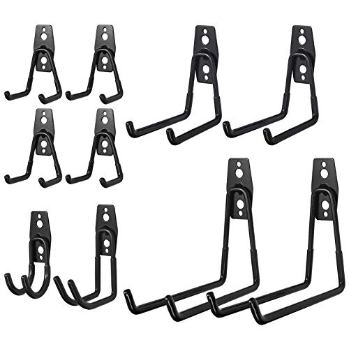 AUTOUTLET - 10 Ganchos Dobles de Acero para Almacenamiento de Garaje, Soporte de Cubo Resistente para artículos a Granel, Bicicletas, Cuerdas, escaleras, etc.-Negro