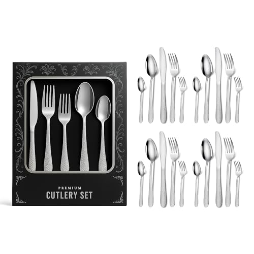 Image of aDai Premium 20 Piece Stainless Steel Cutlery Set | Elegant Hammered Handle Flatware | Includes Spoon Fork Knife Teaspoon | Durable Rust Resistant | Perfect for Gifting (Silver)