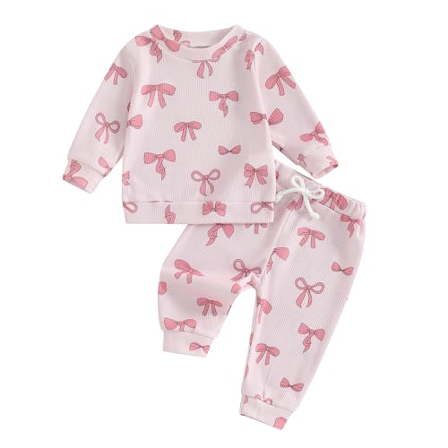 NZNDSHD Fall Baby Girl Clothes Ruffle Long Sleeve Bow Print Sweatshirt Top Pants Set 2Pcs Waffle Knit Outfit (A Pink, 6-12 Months)