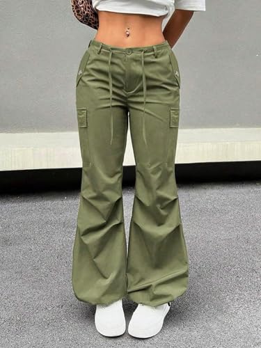 Women Army Green Y2K Flare Cargo Pants Drawstring Waist Straights Wide Leg Loose Trousers with Pockets4