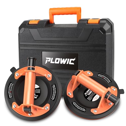 PLOWIC Glass Suction Cups with Heavy Duty: 8 Inch Tile Suction Cup Lifter with Handle and Pump, High Load Capacity Vacuum Cup Tool to Lift Large Glass, Tile, Granite, Window, Windshield (2 Pack)