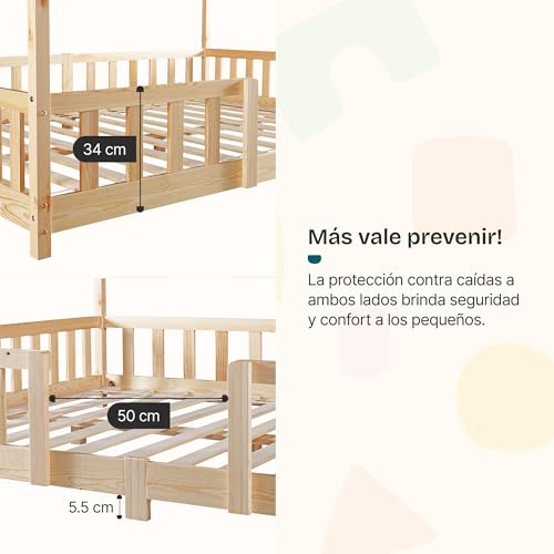 Miniatura 4 de En.Casa Cama Para Niños Casita Treviolo Hasta 70 Kg Cama Infantil Con Reja Protectora Forma De Casa De Madera Pino 80 X 160 Cm - Pino Natural