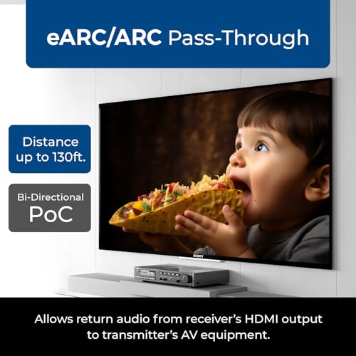 Image of OREI 4K eARC HDMI Extender Balun HDBaseT 3.0 UltraHD 4K @ 60Hz 4:4:4 Over Single CAT6 /7 Cable with LAN, CEC, ARC & Bi Directional IR Support, RS-232 Up to 130 Ft Audio Out - PoC