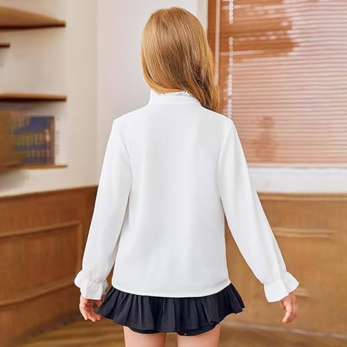 Girls Ruffle Long Sleeve Shirts Puff Solid Color Button Neck Cute School Tees Blouse Teen Summer Casual Plain Tops2