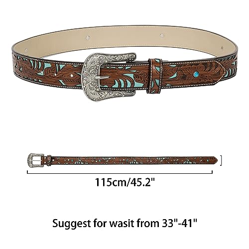 Western-Cowgirl-Belts for Women and Men Turquoise-Decorate-Silver-Buckles Western-Cowboy-Leather-Belts for Jeans Pants4