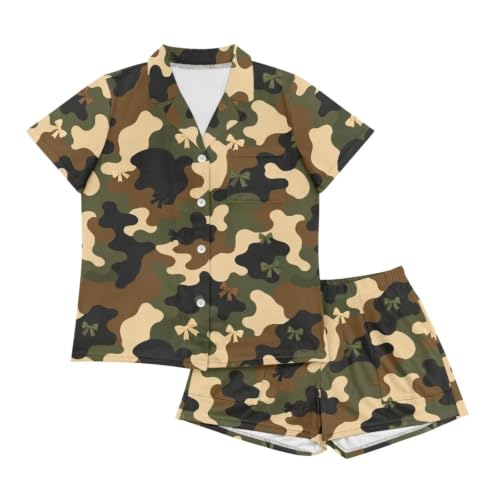 Image of Renewold Button Down Womens Pajama Set Short Sleeve Loungewear Bow Nightwear Sleepwear Night Suit Tops Shorts 2 Pieces