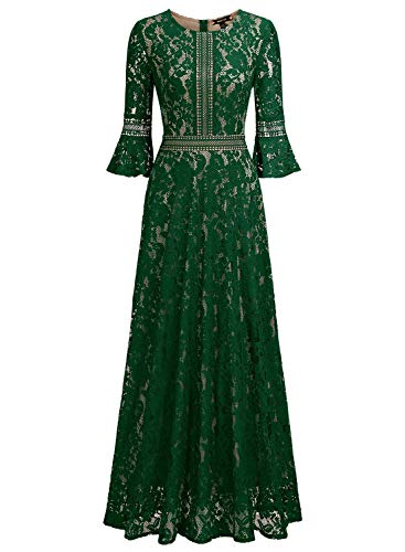 image for MISSMAY Women's Vintage Full Lace Contrast Bell Sleeve Formal Long Dre
