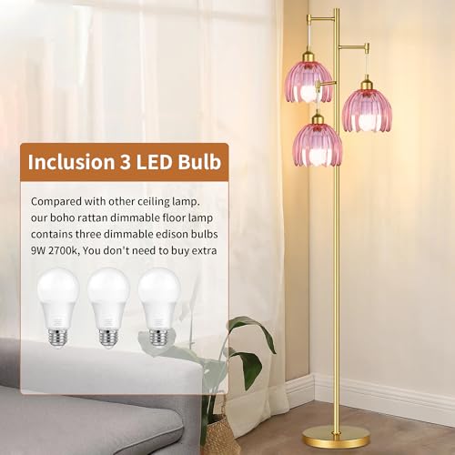 Image of ZECOXOL Dimmable Floor Lamps for Living Room-3 Light Gold Vintage Floor Lamp with Glass Lampshape & Three Bulbs,Modern Mid Century Standing Lamp Green Flower Tall Tree Floor Lamp for Bedroom Corner