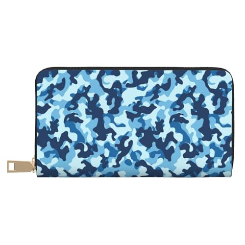 Leather Thin Slim Wallets for Women & Men - Blue Camouflage Print Card Wallet Holder with Zipper