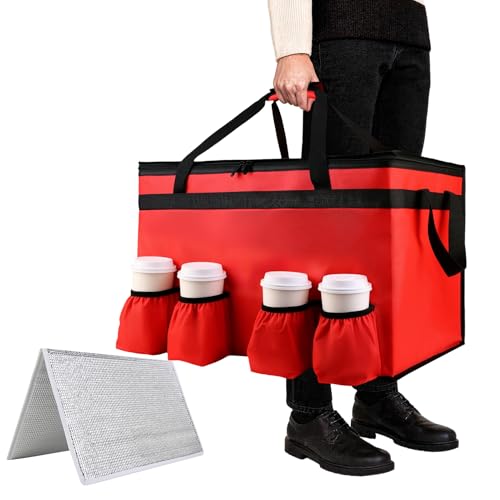 CIVJET Insulated Food Delivery Bag with 4 Cup Holder, with Bottom, XXX-Large Insulated Grocery Bags with Zippered Top, Cooler Bags with Drink Carrier, Food Carrier Catering Bag,Red