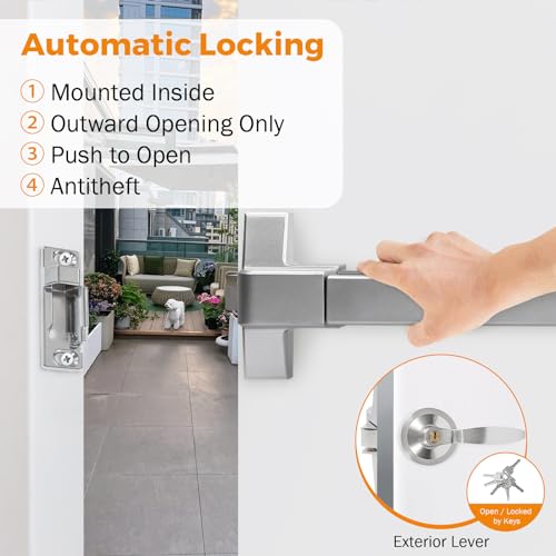 BEAMNOVA Silver Push Bar Door Lock Panic Exit Device with Exterior Lever,104cm/41 Commercial Emergency Panic Bar for Door Width 104-134 cm/41"-53" Metal Wood Exit Door