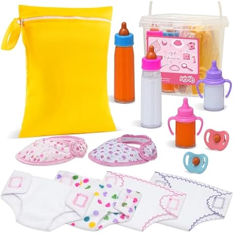 HOAYO 13 Pack Baby Doll Accessories, Baby Disappearing Doll Feeding and Caring Set with Diaper Bag, 2 Milk & Juice Bottles, 2 Toy Pacifier, 4 Doll Diaper, 2 Doll Bibs for 14-18 Inch Baby Dolls Cover