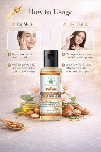 Image of Khadi Sweet Almond Oil for Hair & Skin Care | 100% Pure Natural Almond Oil for Hair Growth, Body Massage & Skin Moisturizing - 100ML