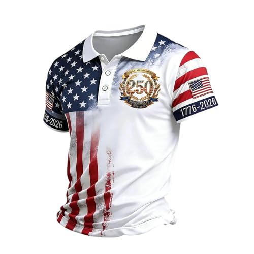 Printed USA Shirt Mens 4Th of July Patriotic Polo Shirt 250Th Anniversary American Flag Quick Dry Golf Top(White Large)