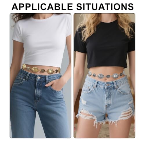 2 PCS Western Belt for Women | Western Chain Belt with Concho | Cowgirl Belt Festival Country Concert Rodeo Accessory | Metal Waist Chain Belt for Dresses (Gold+Silver)3