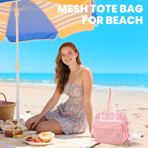 Image of MOONBABY Mesh Beach Tote Bag for Stadium Events 12x6x12 Net Purse Bag for Women with Detachable Long Strap for Work, Sports