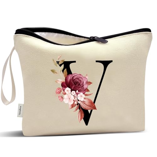 Image of Vavabox A-Z Personalized Makeup Bag, Birthday Gifts for Women Mom, Gifts for Best Friend, Bride Bridesmaid Cosmetic bag (V, Cream Yellow)