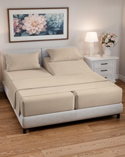 Image of Split California King Bed Sheet Set - 5 Piece Split Cal King Sheets - Wheat | Ultra-Soft, Breathable & Cooling - Comfy, Wrinkle & Fade Resistant - Fits 8 inch to 16 inch Inch Mattress with Deep Pockets