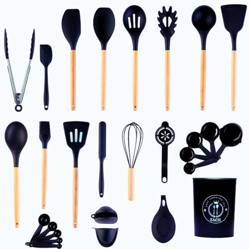 ZACH Silicone Kitchen Utensils Set with Holder, 26 Pieces Non-Stick Heat Resistant Cooking Utensil Set with Wooden Handle - Cookware Spoons Turners Tongs Ladle Spatula Set, Kitchen Accessories (Black)