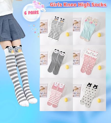 DXTON Girls Knee High Socks 6 Pairs: Kids Crazy Long Socks 3-12 years, Tall Boot Cute Animal Cotton Fun Gift2