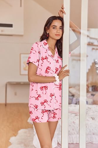 Image of Ekouaer Womens Pajamas Set Soft Classic Notch Collar Bride Pjs Comfy Short Sleeve Sleepwear Loungewear